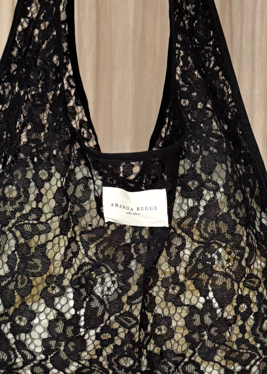 AMANDA BUGGE studio black lace tote bag lightweight and sheer design
