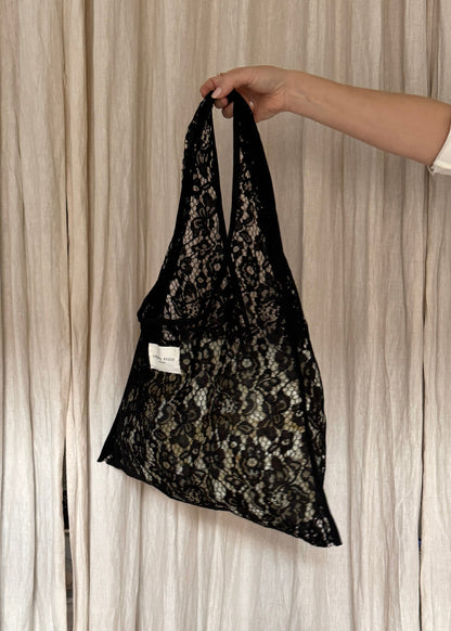 AMANDA BUGGE studio black lace tote bag lightweight and sheer design
