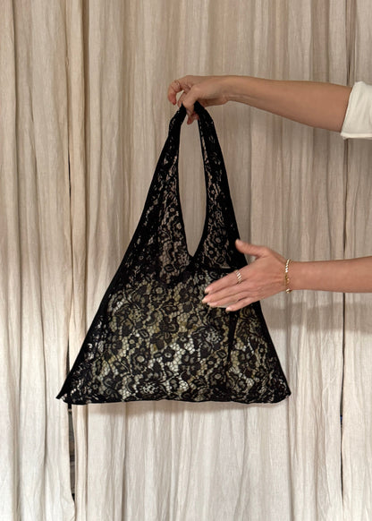 AMANDA BUGGE studio black lace tote bag lightweight and sheer design