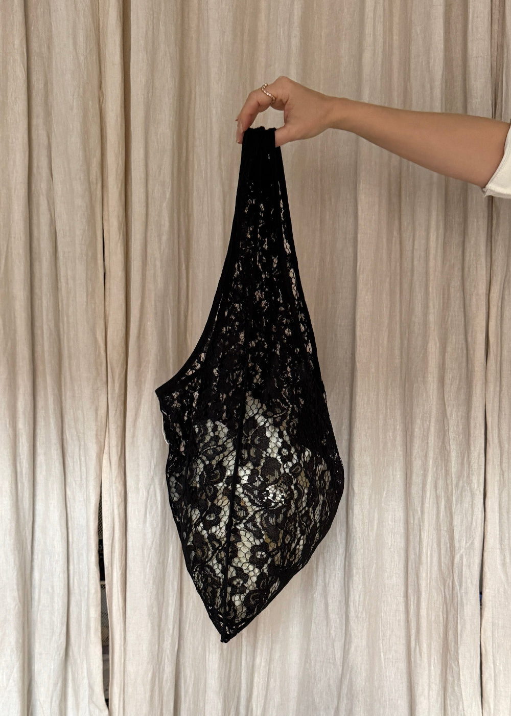 AMANDA BUGGE studio black lace tote bag lightweight and sheer design
