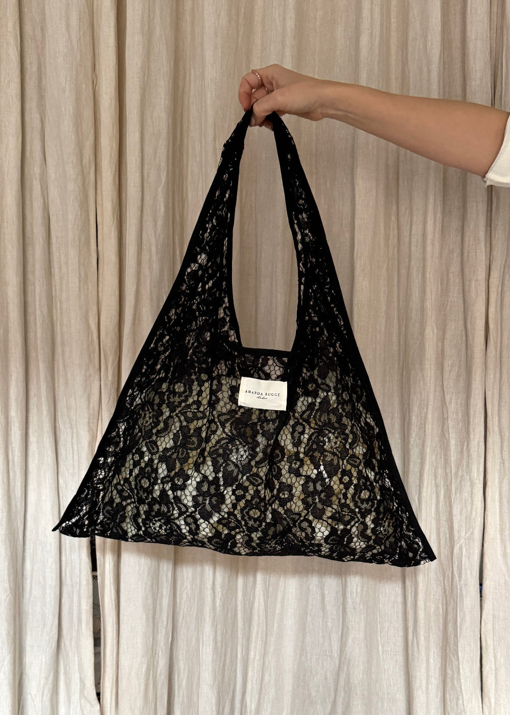 AMANDA BUGGE studio black lace tote bag lightweight and sheer design