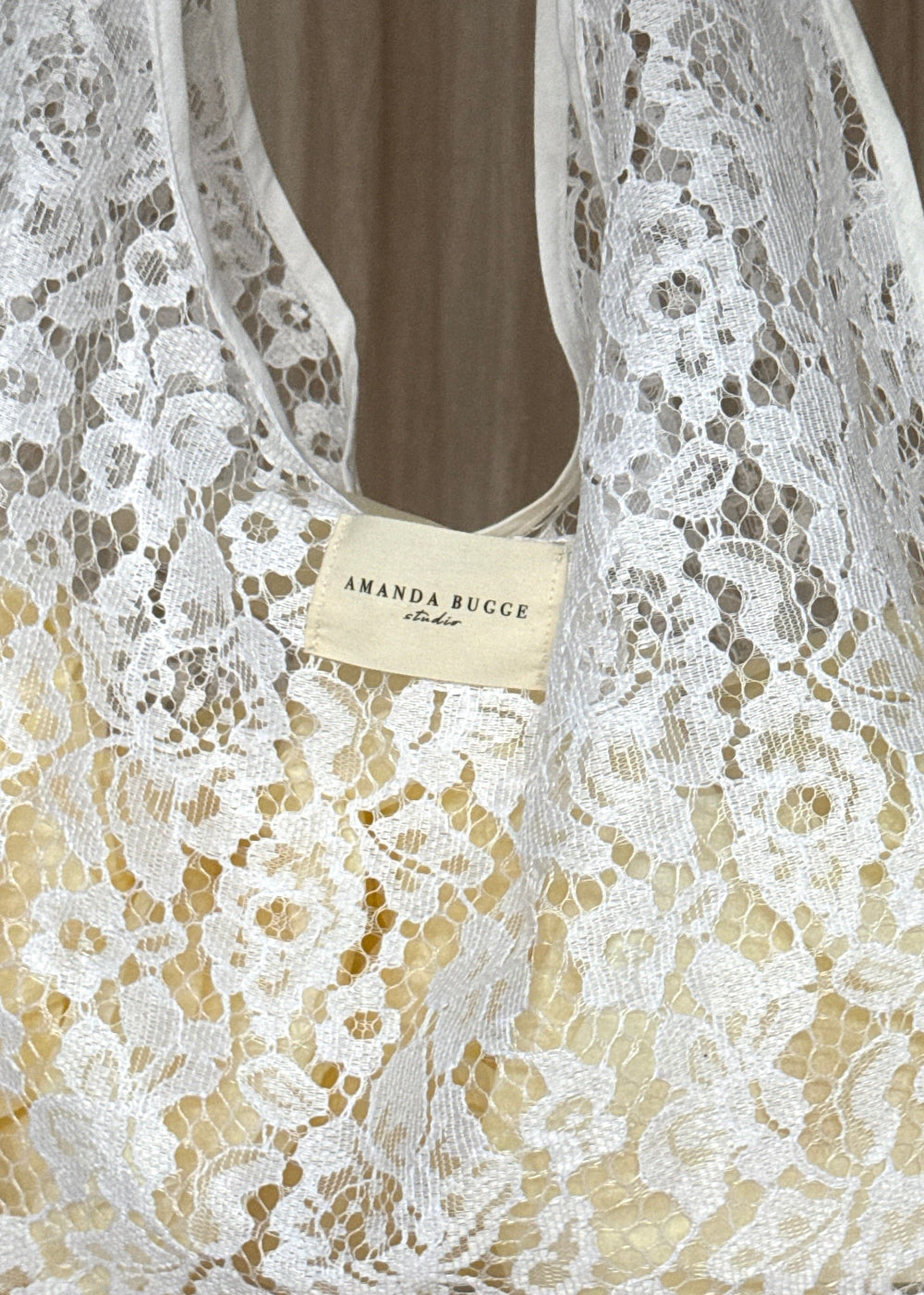 AMANDA BUGGE studio white lace tote bag lightweight and sheer design

