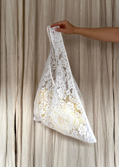 AMANDA BUGGE studio white lace tote bag lightweight and sheer design

