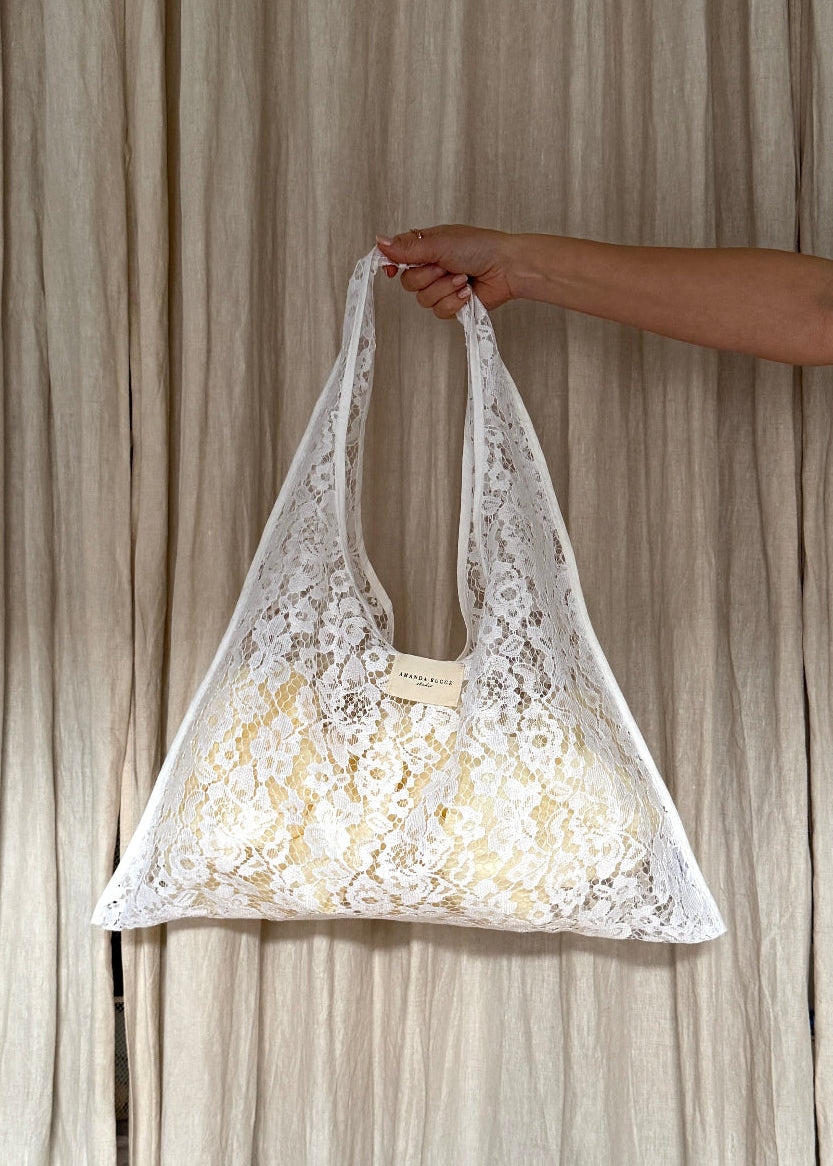 AMANDA BUGGE studio white lace tote bag lightweight and sheer design