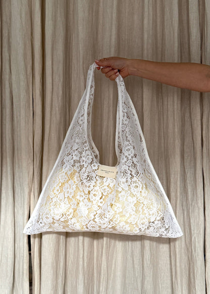 AMANDA BUGGE studio white lace tote bag lightweight and sheer design