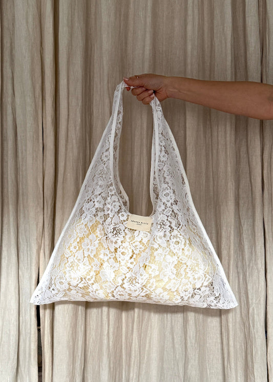 AMANDA BUGGE studio white lace tote bag lightweight and sheer design